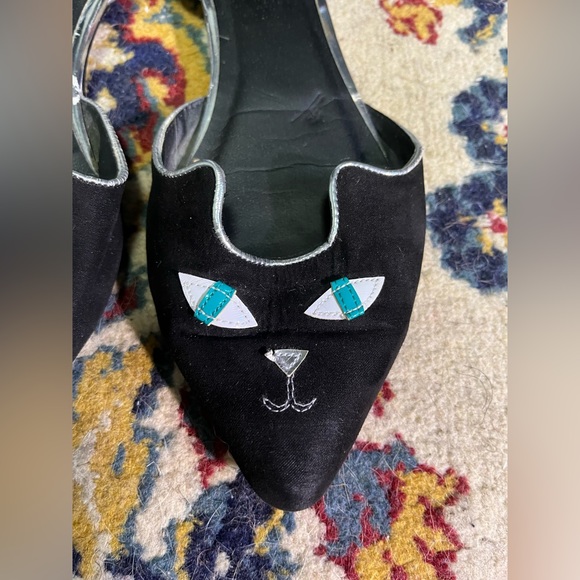 Black Cat Face Pointed Toe Flats with Ankle Strap - Picture 2 of 7